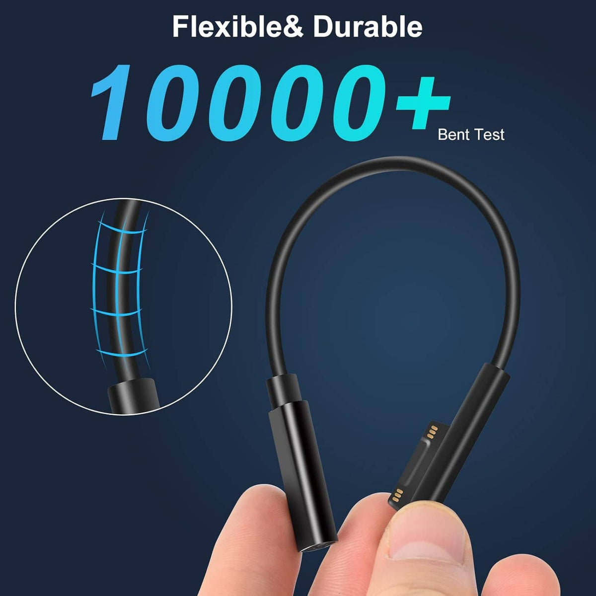Flexible black charging cable with bent-test durability and gold contact ends