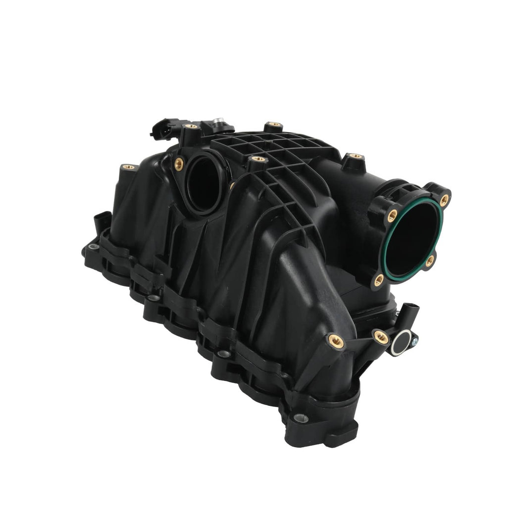 Black intake manifold assembly with circular intake port and mounting tabs