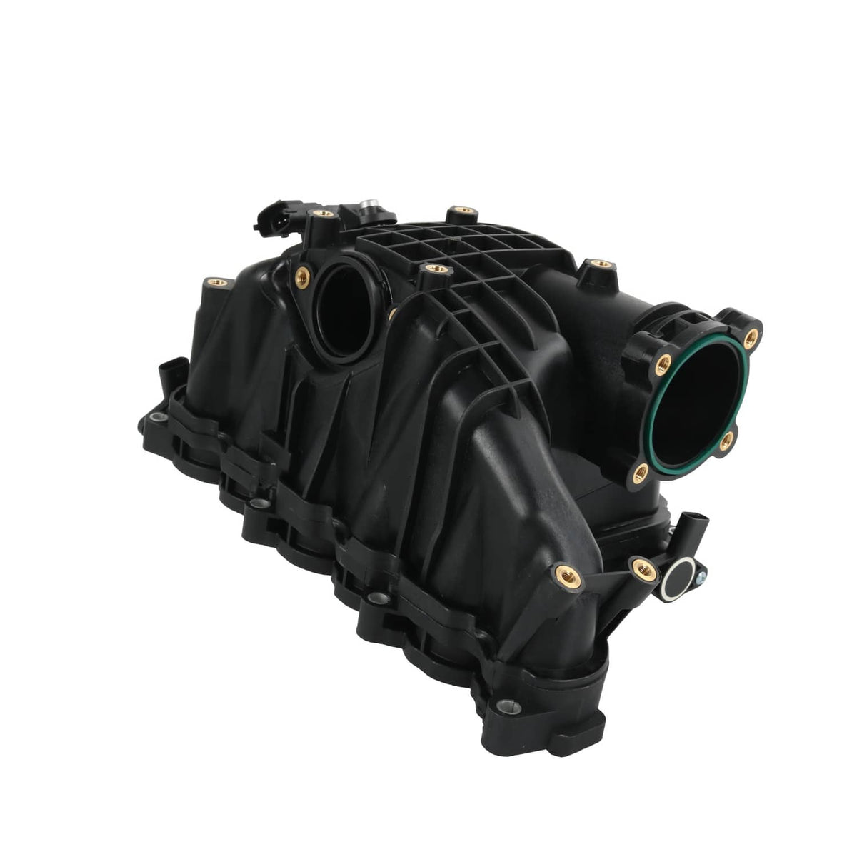 Black intake manifold assembly with circular intake port and mounting tabs