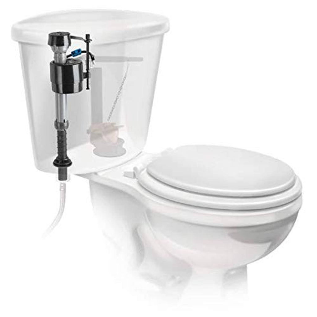 Fluidmaster universal filling valve installed on toilet tank with gray and black parts