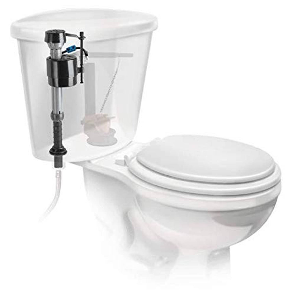 Fluidmaster universal filling valve installed on toilet tank with gray and black parts