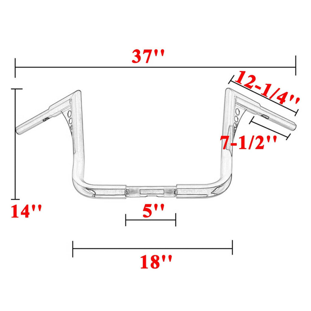 Ape handlebar size diagram showing 14 in rise and 18 in width