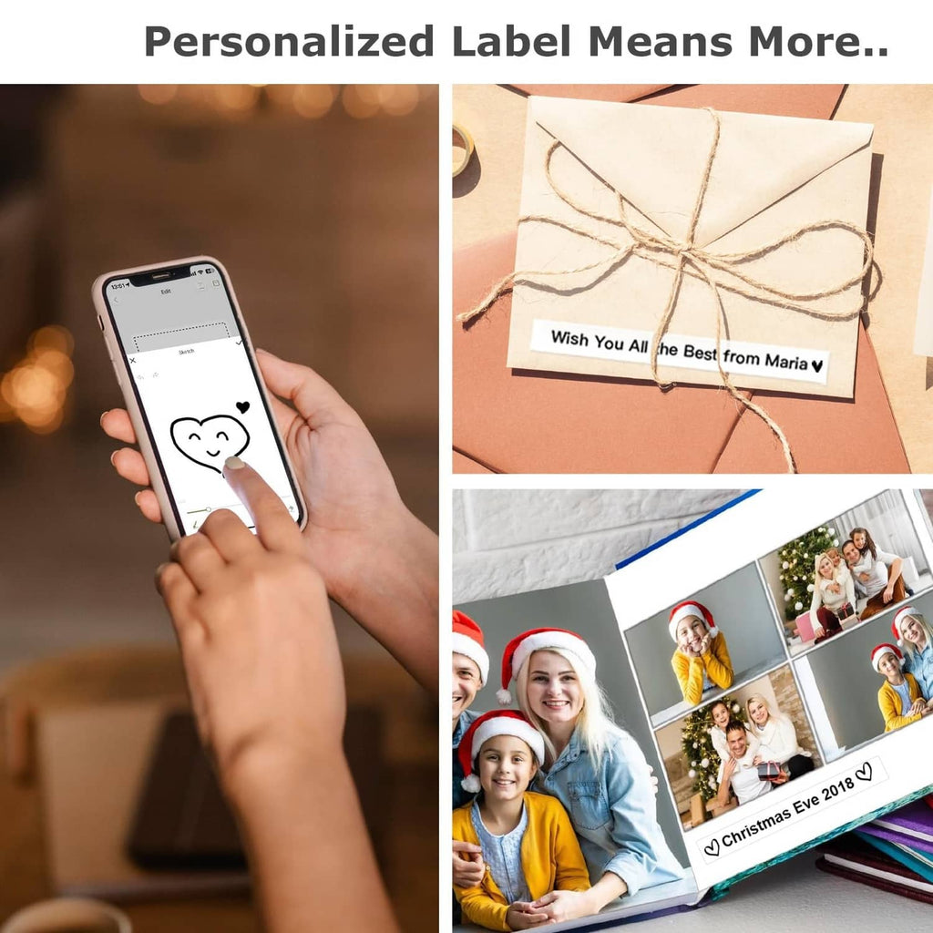 Bluetooth label maker with phone preview creating personalized labels for gifts and photos