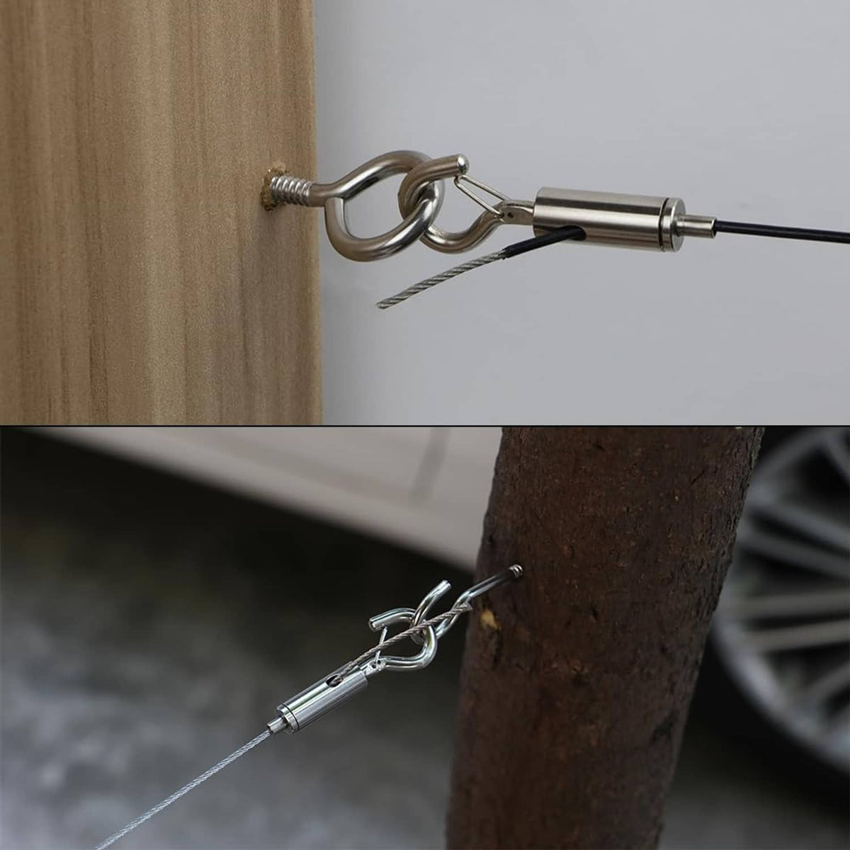 Hook and eye turnbuckle tensioner connected to braided wire rope on wood post