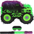 Monster truck piñata with stick and blindfold, green and purple