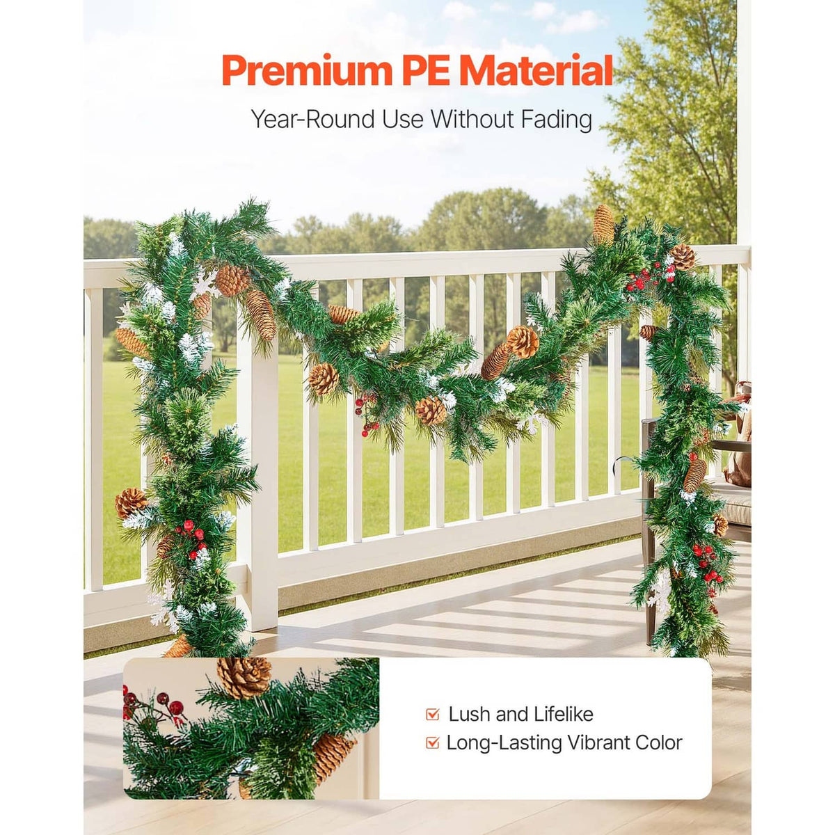 Christmas garland for railing with pine needles, pinecones, and red berries