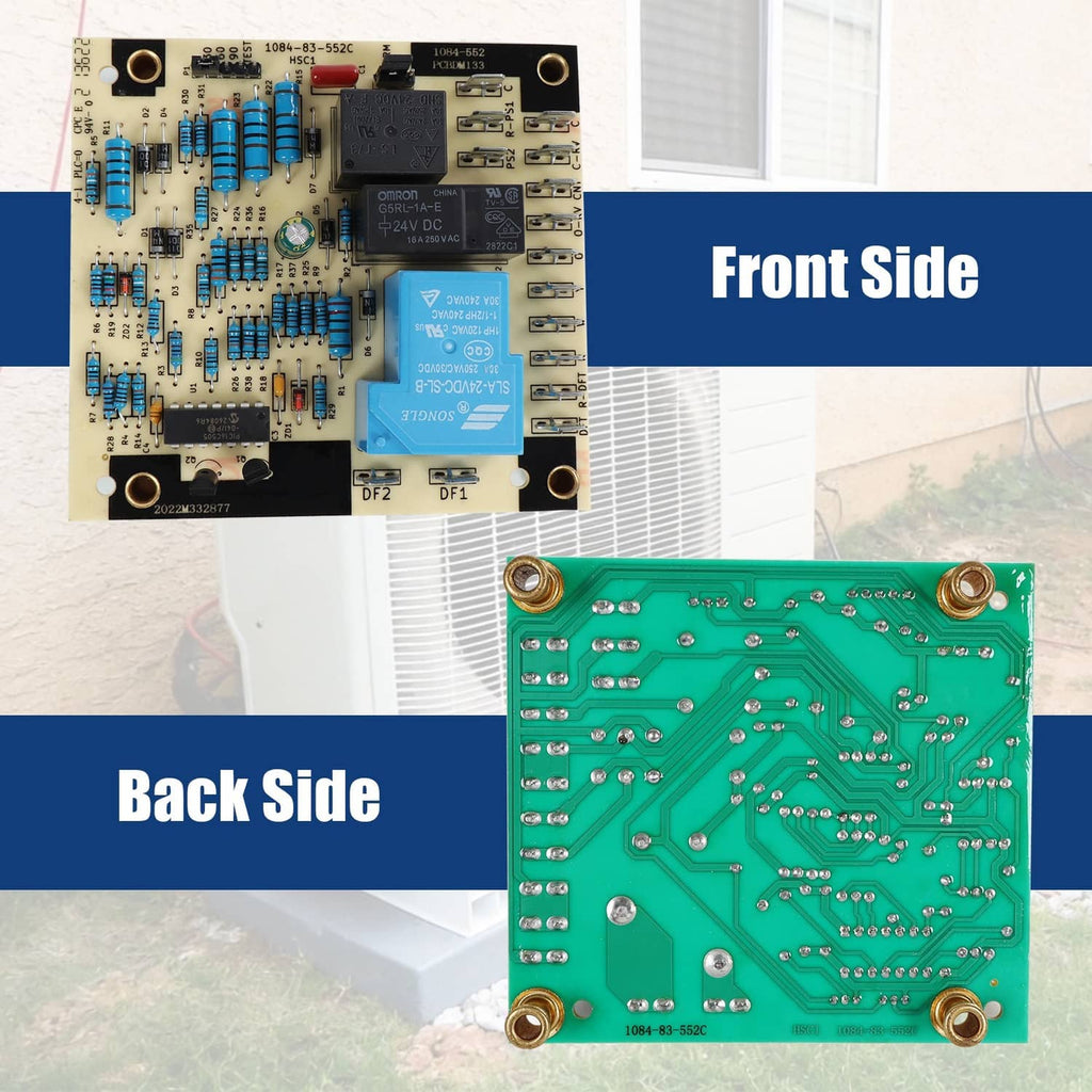 Defrost control board front and back views showing circuit components and connectors
