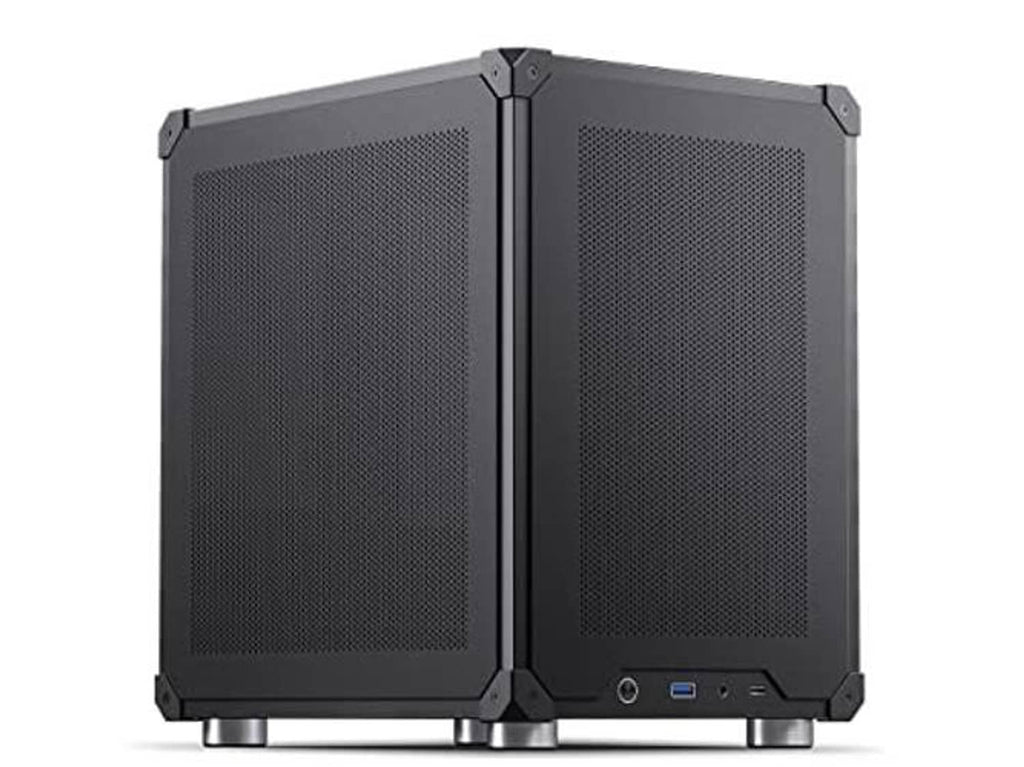 Black mini micro-ATX PC case front view with dual mesh panels and bottom feet, I/O