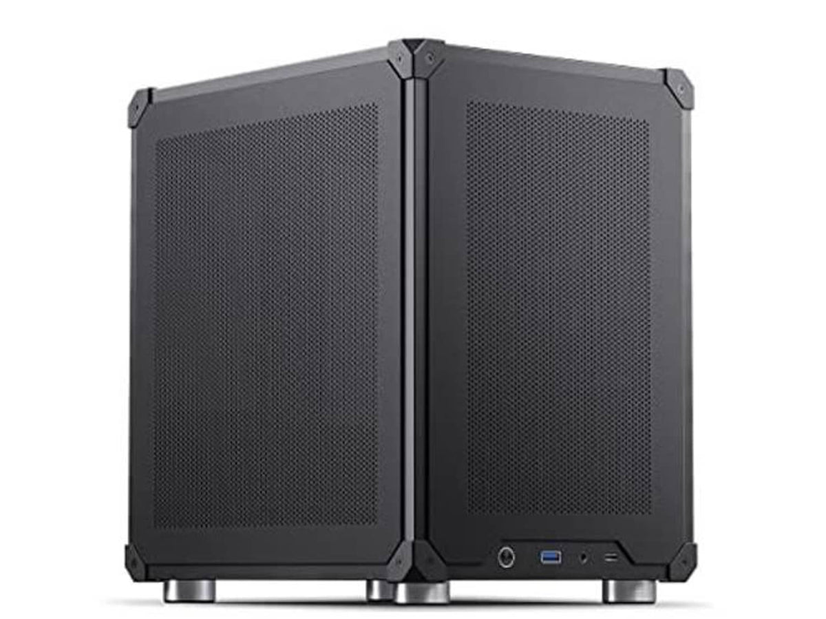 Black mini micro-ATX PC case front view with dual mesh panels and bottom feet, I/O