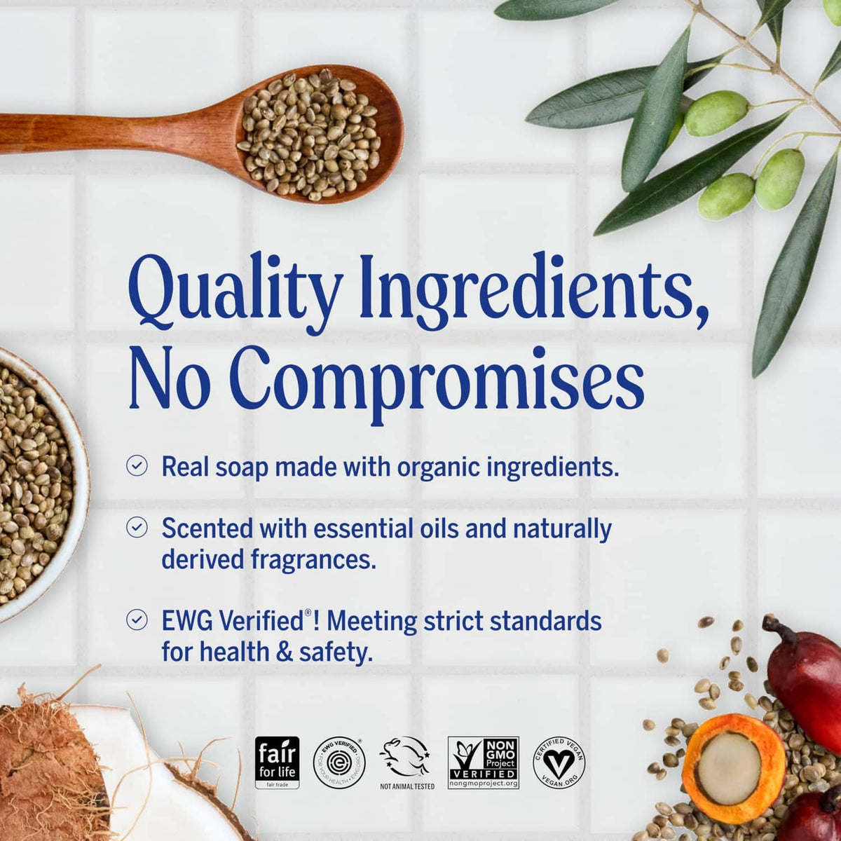 Peppermint magic soap quality ingredients graphic with ingredient and safety icons