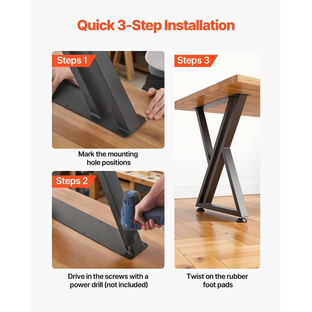 Black steel table legs set shown during installation steps, X-frame base with pads