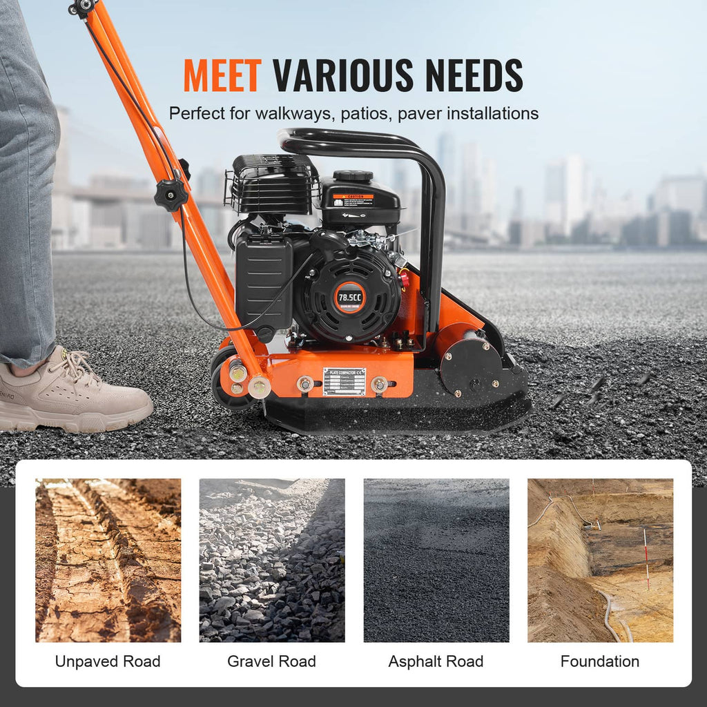 Orange walk-behind vibratory plate compactor with gasoline engine and handle