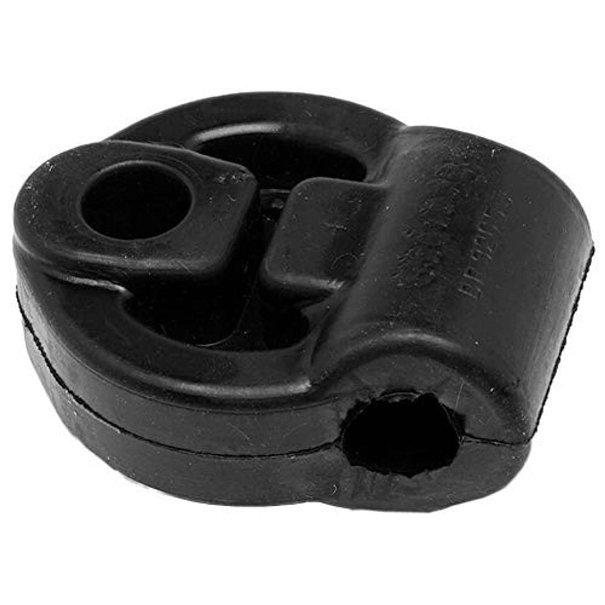 Black rubber exhaust hanger insulator mount with two circular holes and raised center