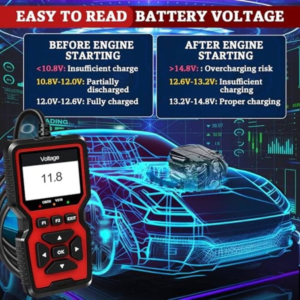 OBD2 scanner showing voltage reading on screen, red and black handheld device