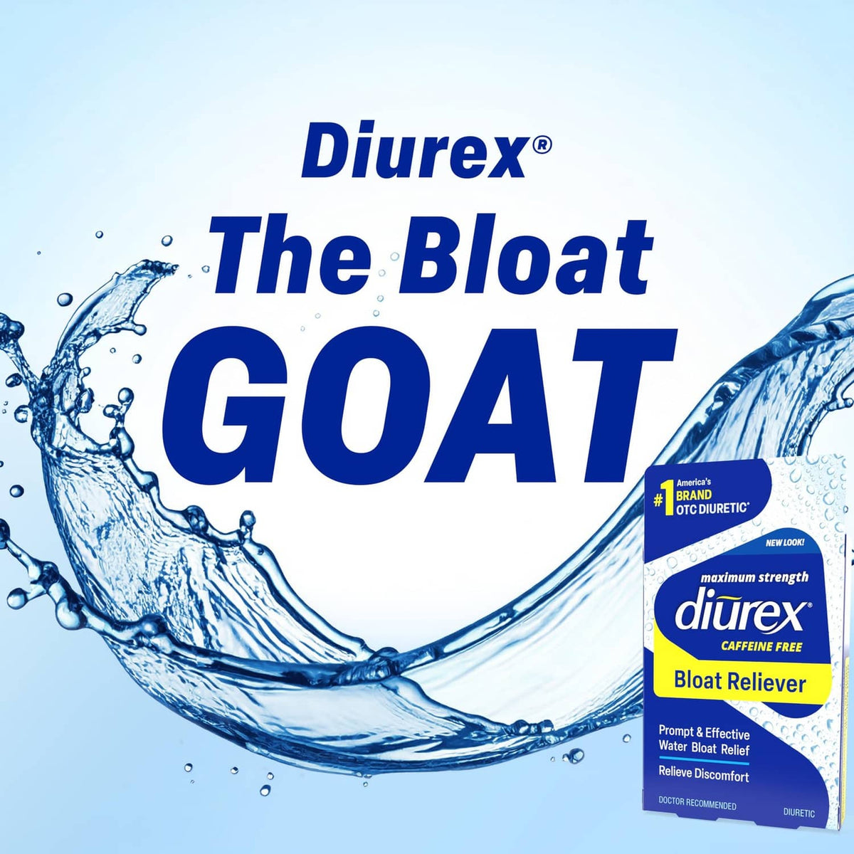 Diurex bloat reliever promo with caffeine-free box and water splash graphics
