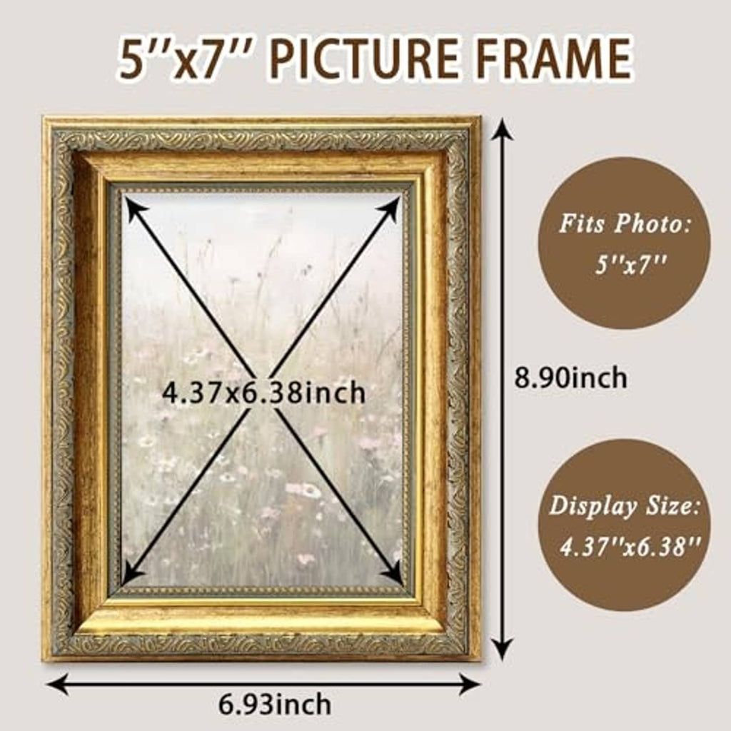 Gold picture frame size diagram with 5x7 display area and inner measurements