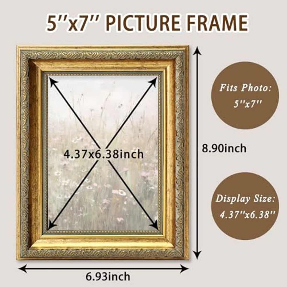 Gold picture frame size diagram with 5x7 display area and inner measurements