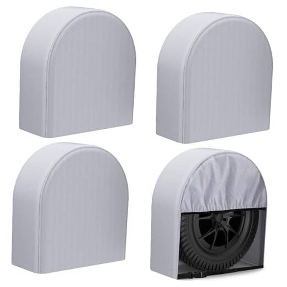 Light gray RV tire cover set of four with arched tops