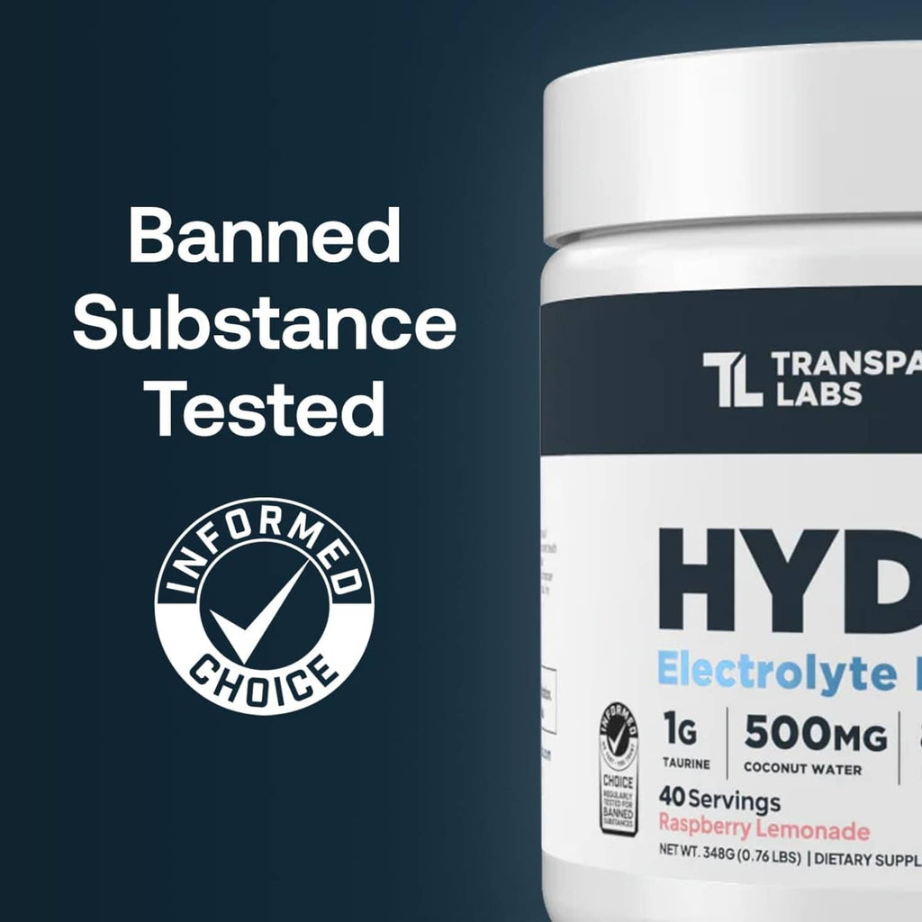 Hydrate electrolyte supplement tub with “Banned Substance Tested” and label branding
