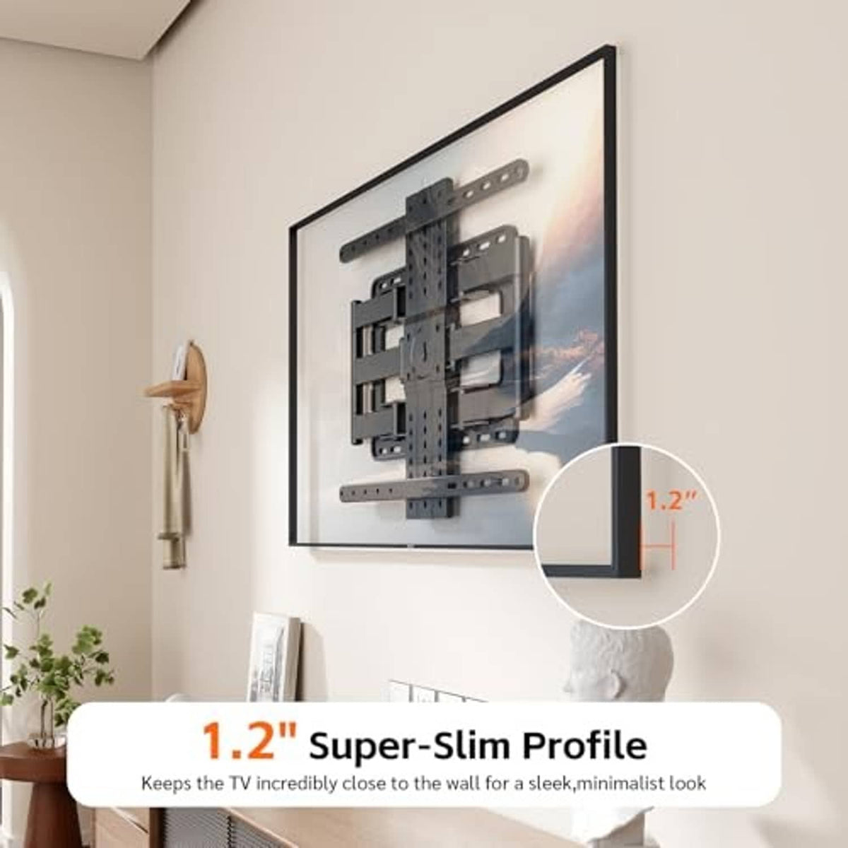 Ultra-slim wall-mounted TV bracket with thin profile and centered safety latch