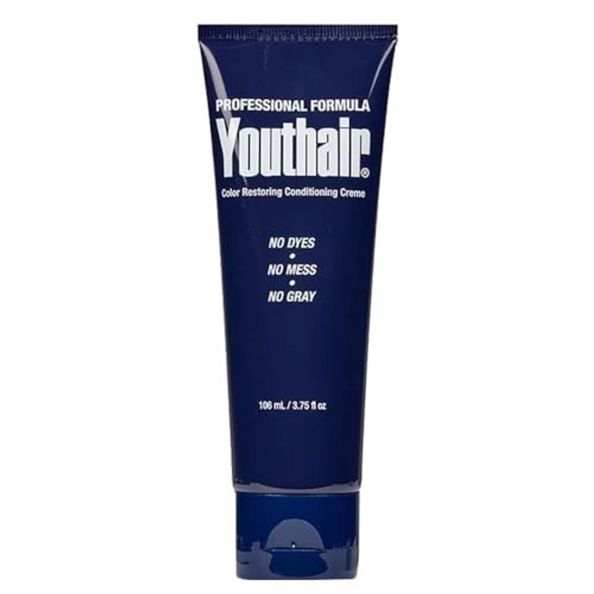 Youthair color restoring conditioning creme tube, dark blue, with “No dyes, No mess, No gray”