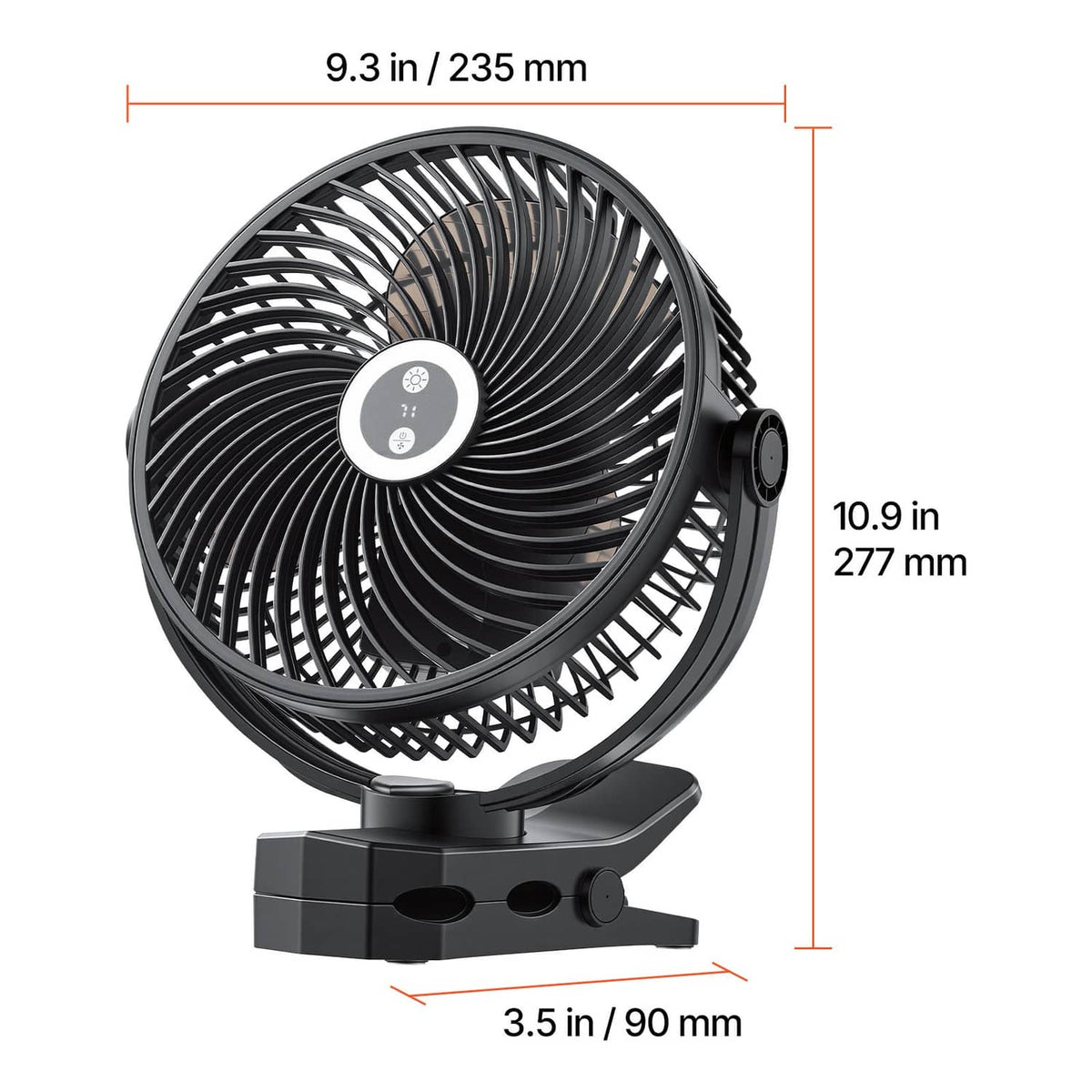 Portable clip fan shown with size guide, black grille and clamp base