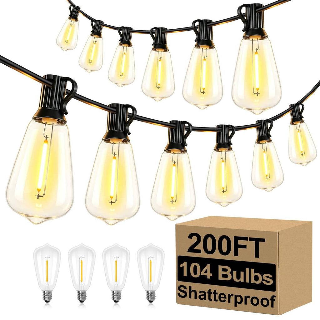 200 ft outdoor string lights with black wire and warm white glass bulbs