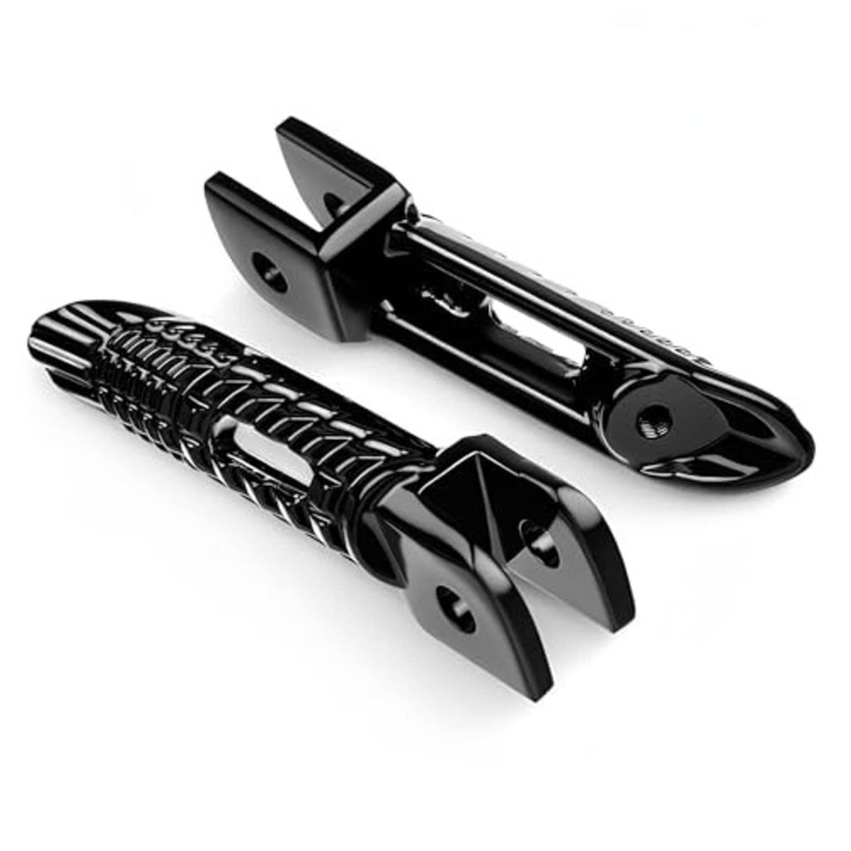 Black front foot pegs with brackets, angled 3D view showing underside mounting.