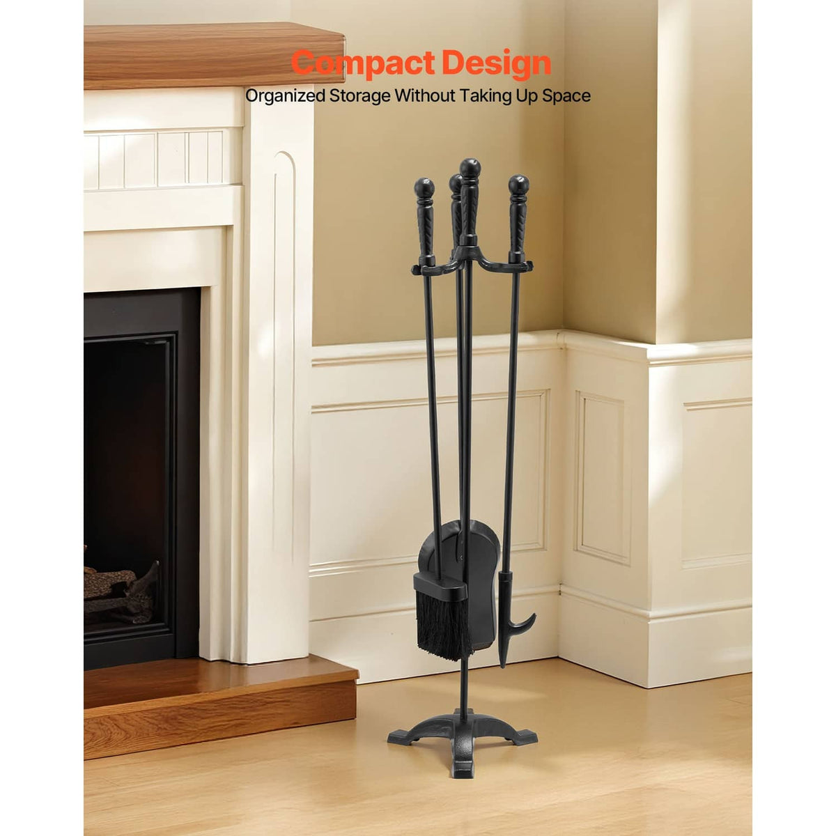 Black 4-piece fireplace tool set on stand with poker, tongs, ash shovel, and brush.