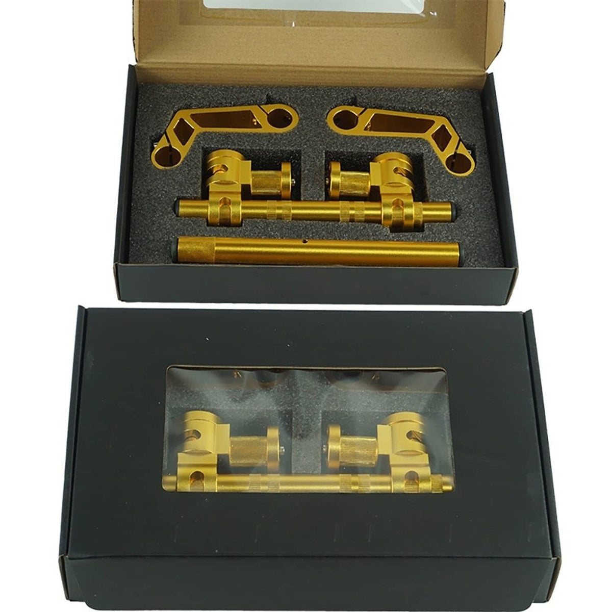 Gold adjustable motorcycle handlebar kit inside open box with components