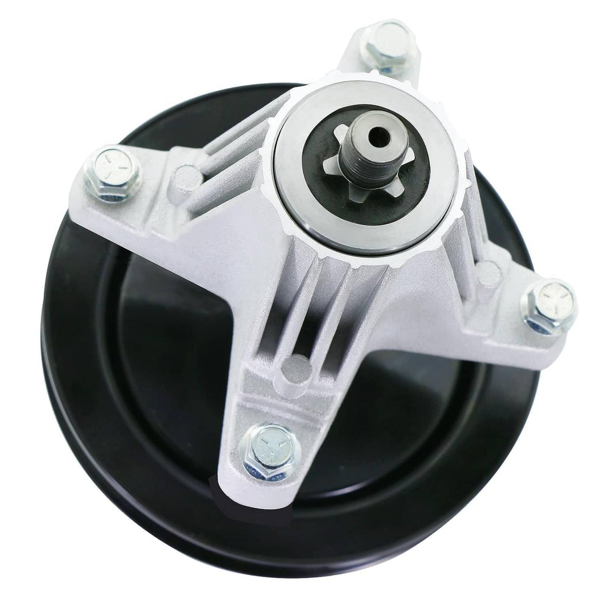 Black pulley wheel and silver bracket with center adjustment bolt