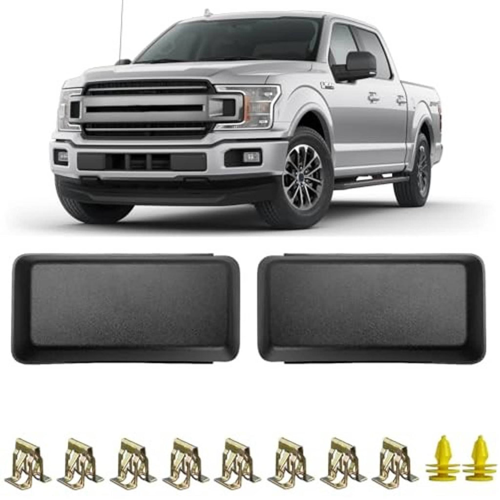 Front bumper guard inserts, pair of dark rectangular covers with hardware