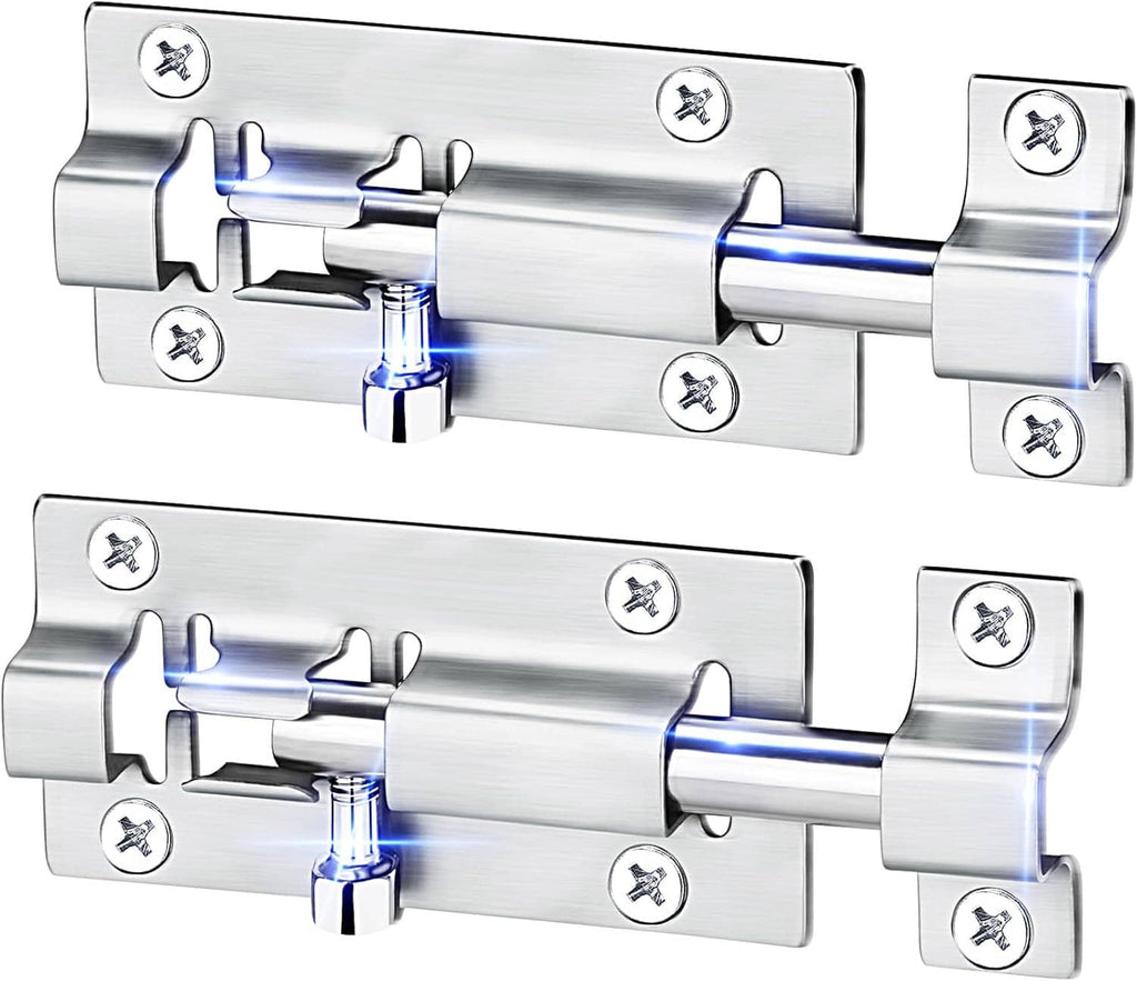 Stainless steel barrel bolt latch with slide lock, 2-pack, includes mounting screws