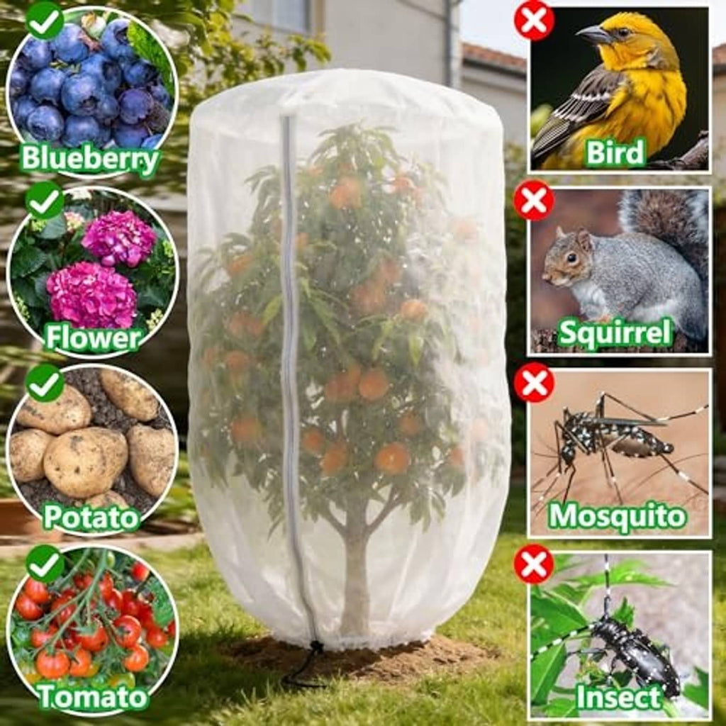 Plant shade cover bag in white with zipper front and drawstring base, outdoors