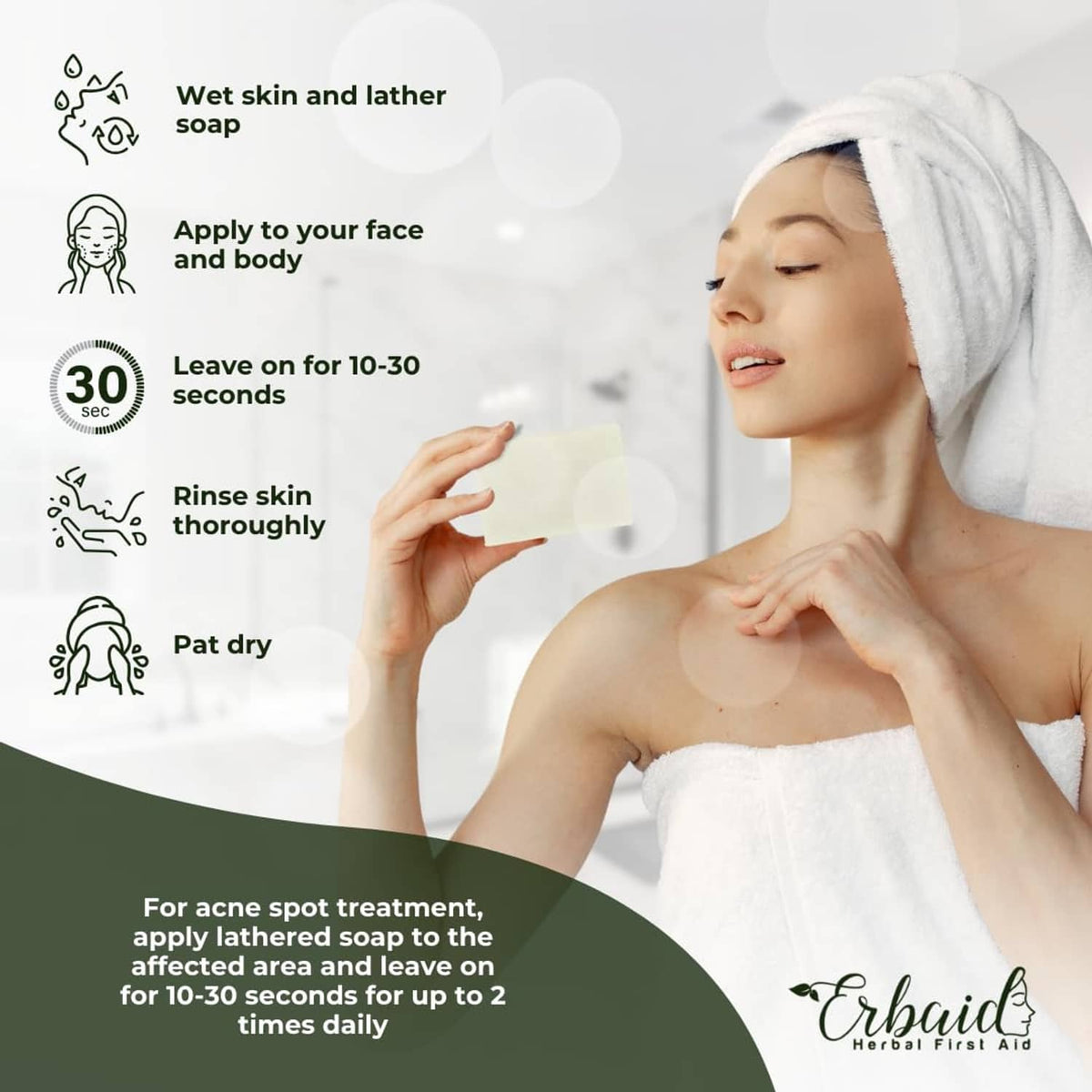 Tea tree soap bar usage steps infographic with small soap package