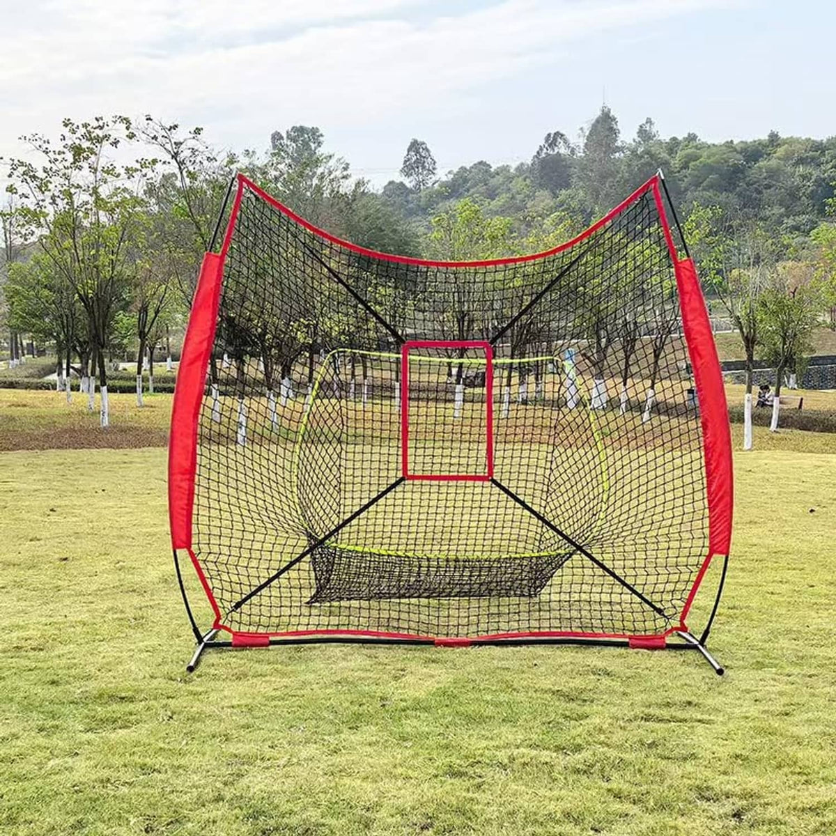 Red-and-black baseball net strike zone target with central square target window