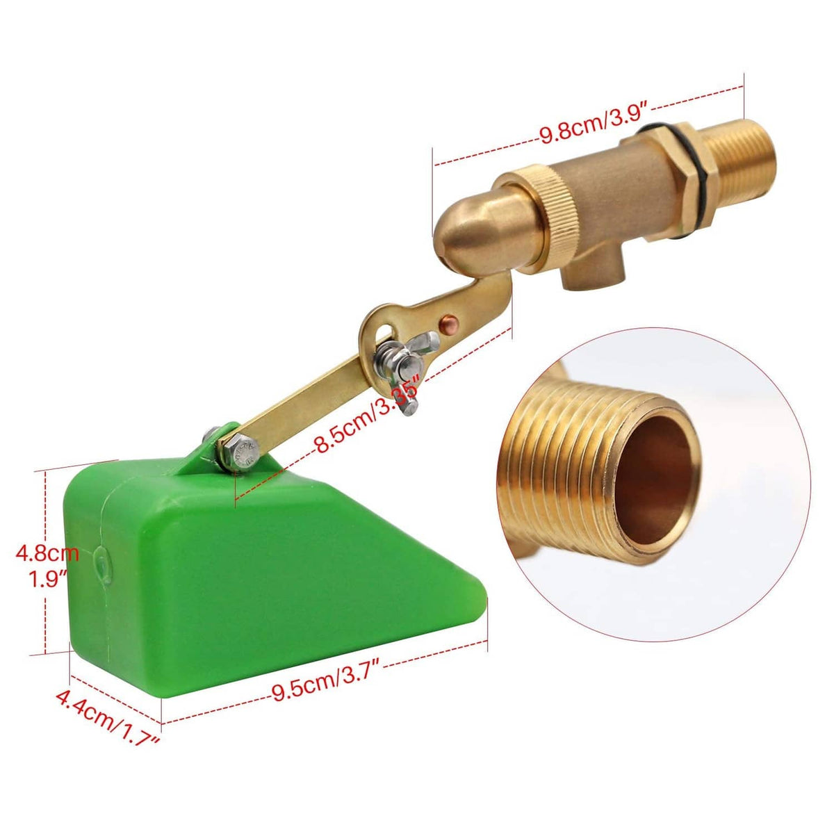 Brass threaded water float valve with green float, lever, and size callouts