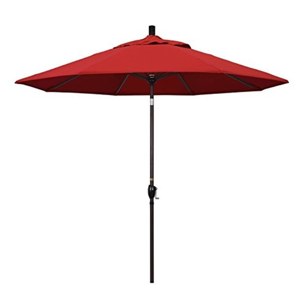 Red round market umbrella canopy with central pole and lift hardware