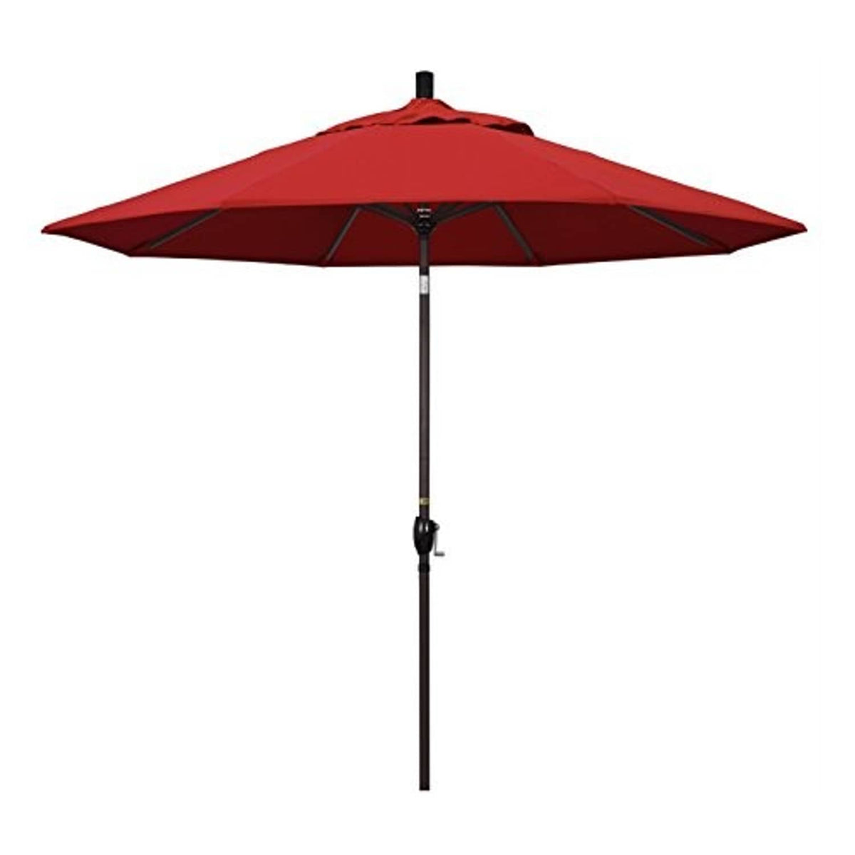 Red round market umbrella canopy with central pole and lift hardware