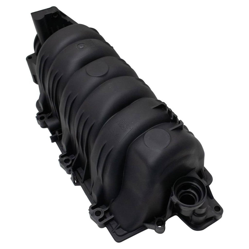 Black intake manifold with circular inlet port and side mounting brackets.