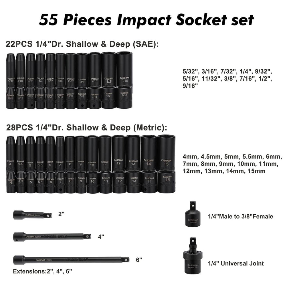 Socket set assortment showing black 1/4-in drive impact sockets, extensions, and adapter