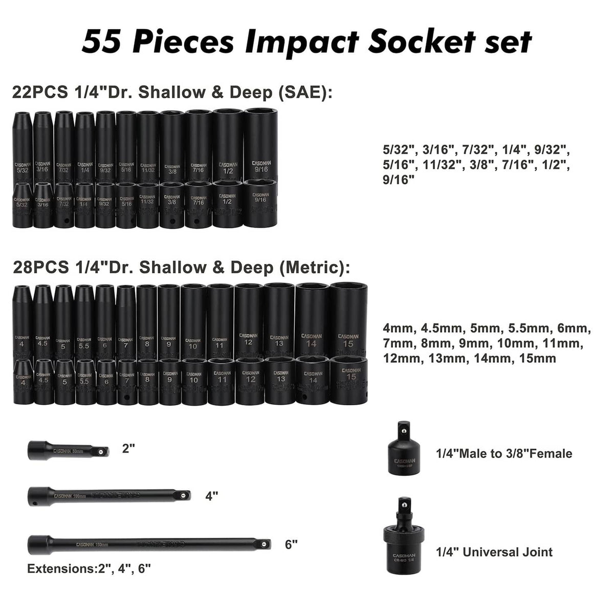 Socket set assortment showing black 1/4-in drive impact sockets, extensions, and adapter