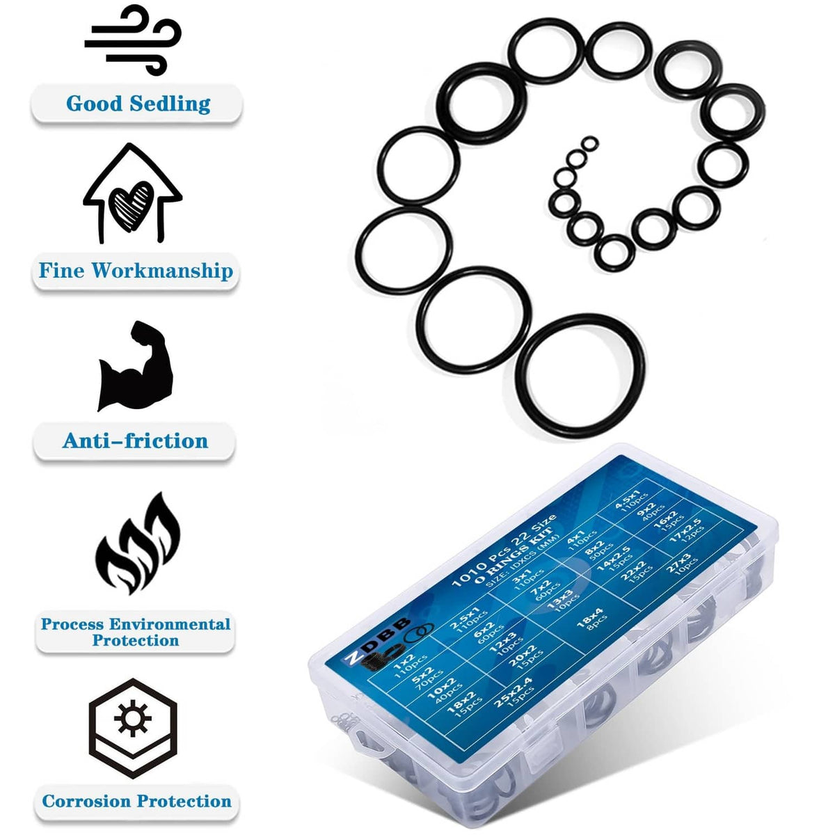 Black NBR O-ring assortment kit with multiple round rings and clear storage box