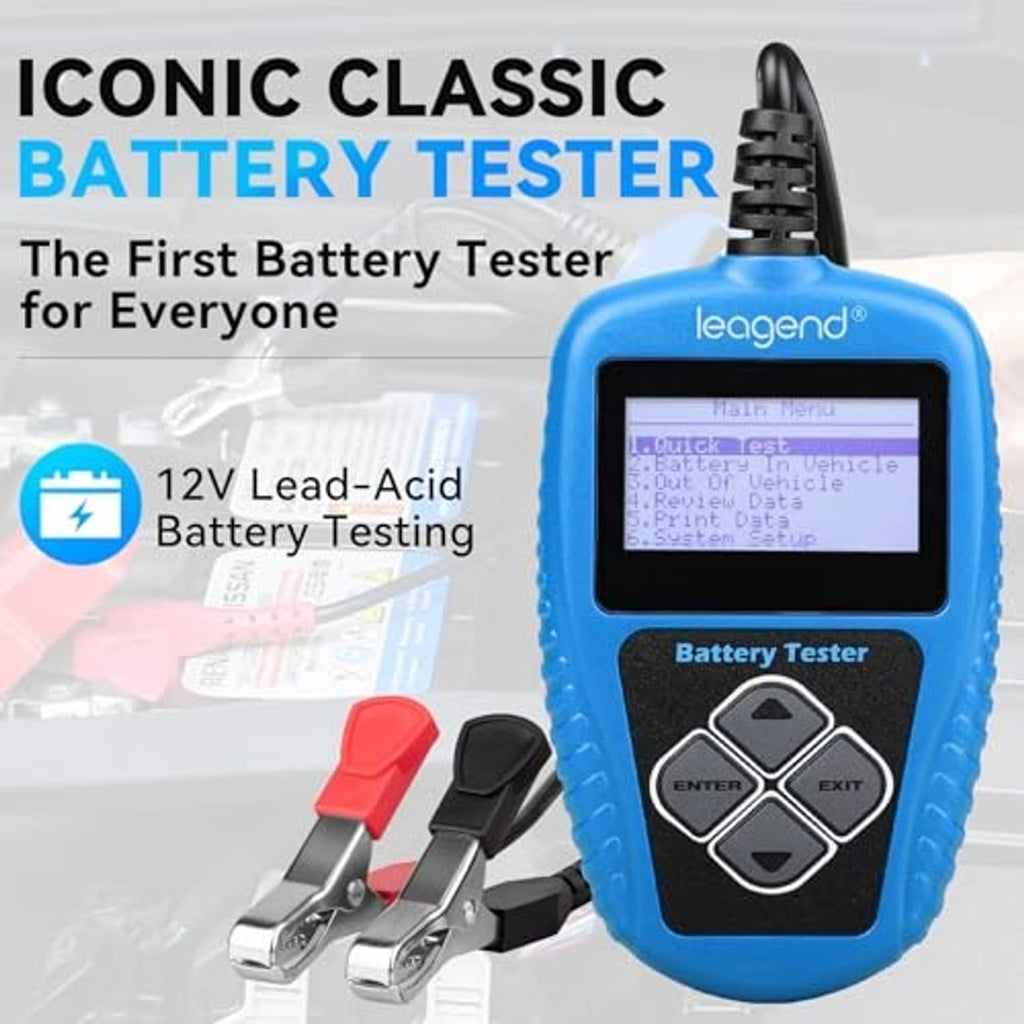 Blue handheld battery tester with connected cable and LCD display