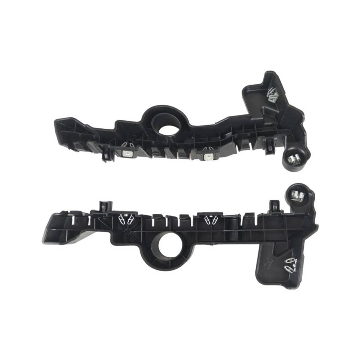 Front bumper guide bracket pair, black plastic with central round hole and bracket arms