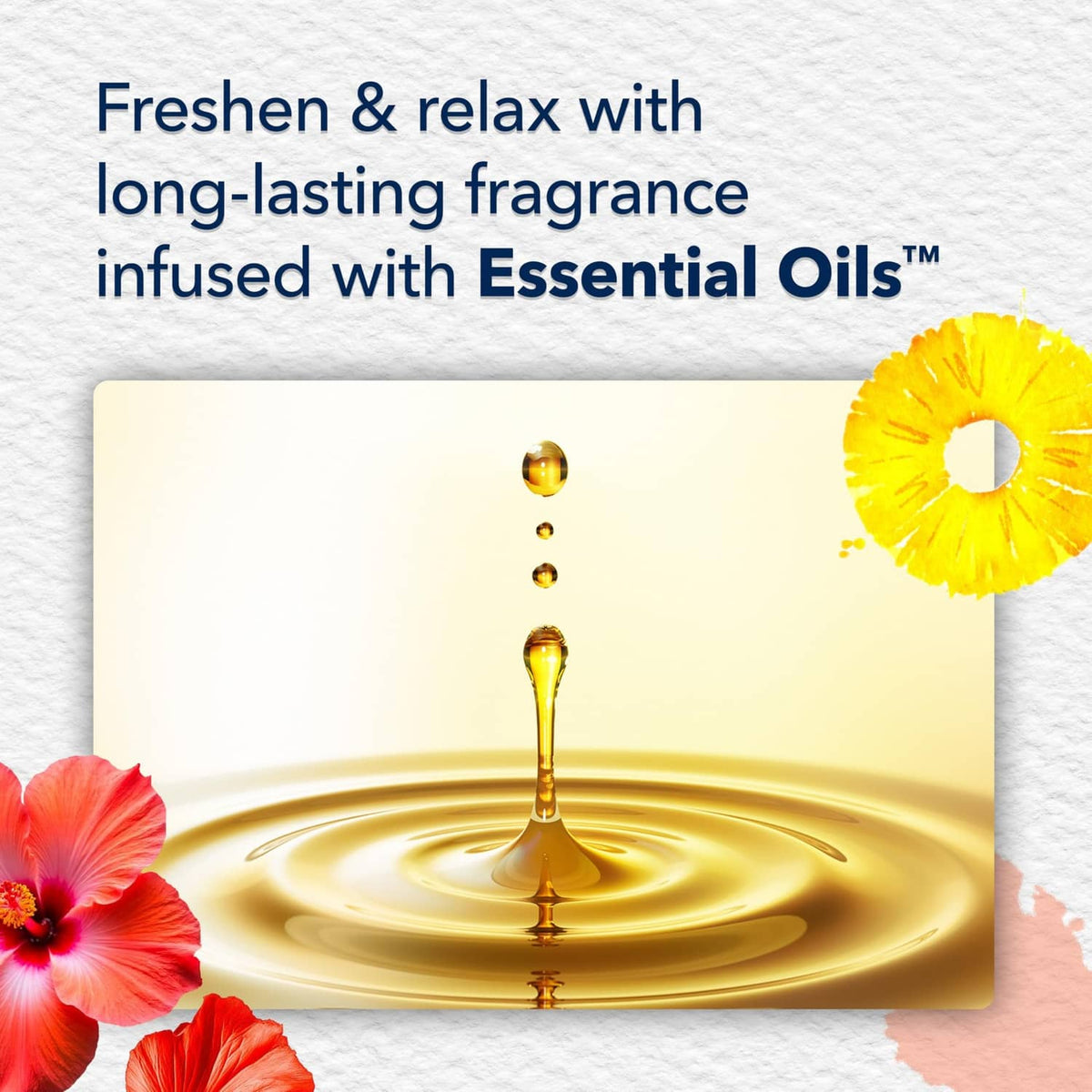 Fragrance refill graphic with gold oil drop and long-lasting essential oils text