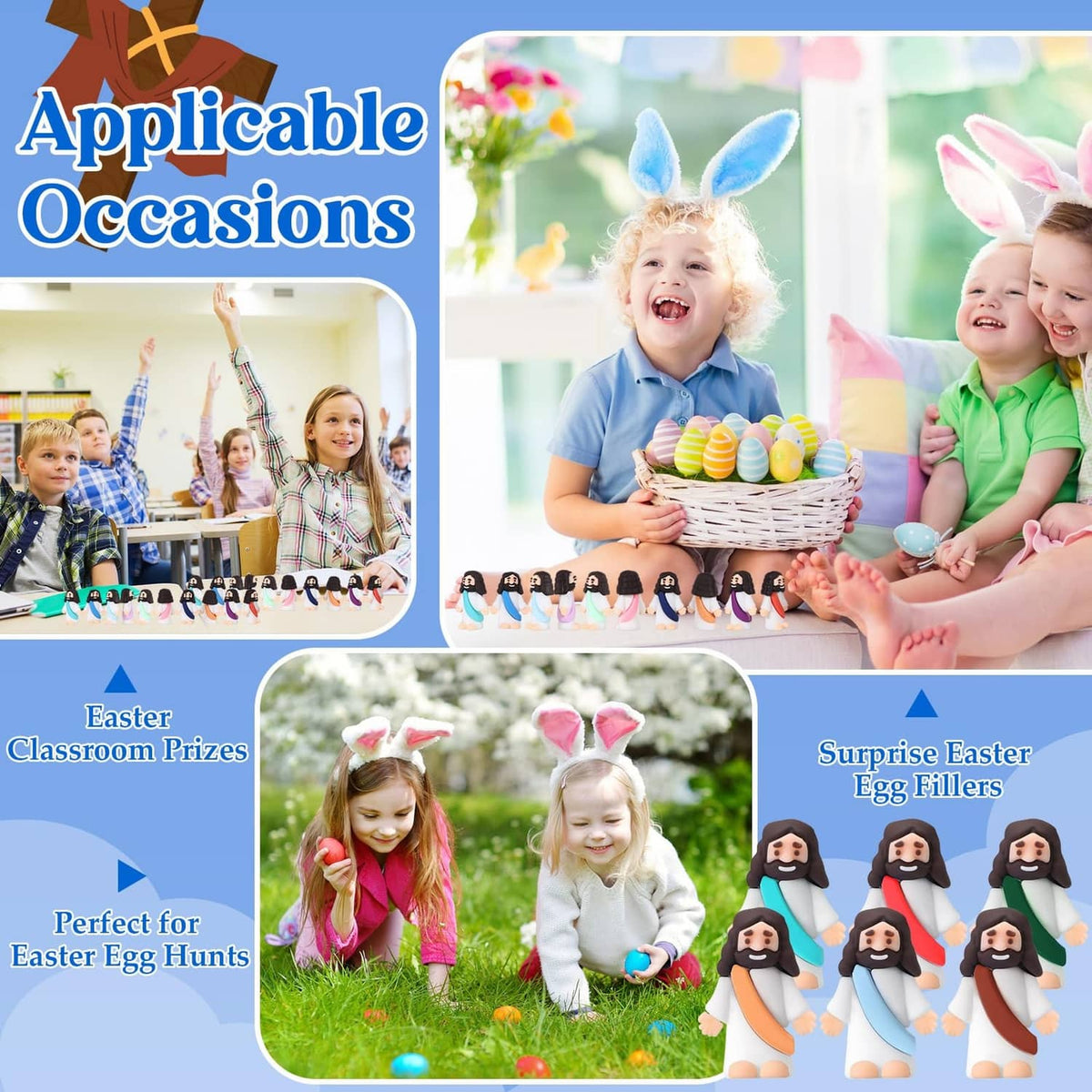 Mini rubber Jesus figurines with colorful pastel robes arranged for Easter celebrations