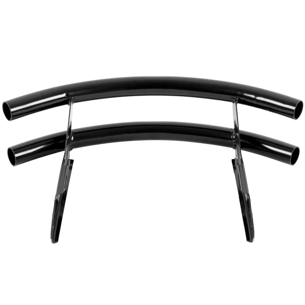 Two-piece black front bumper guard with curved tubes and support legs