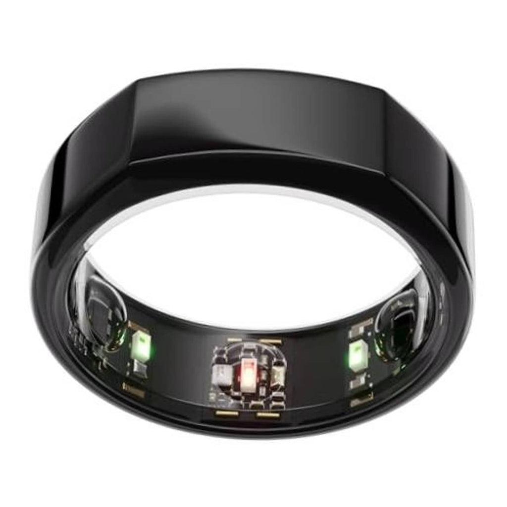 Oura black smart ring with glossy bezel and visible sensor module detail