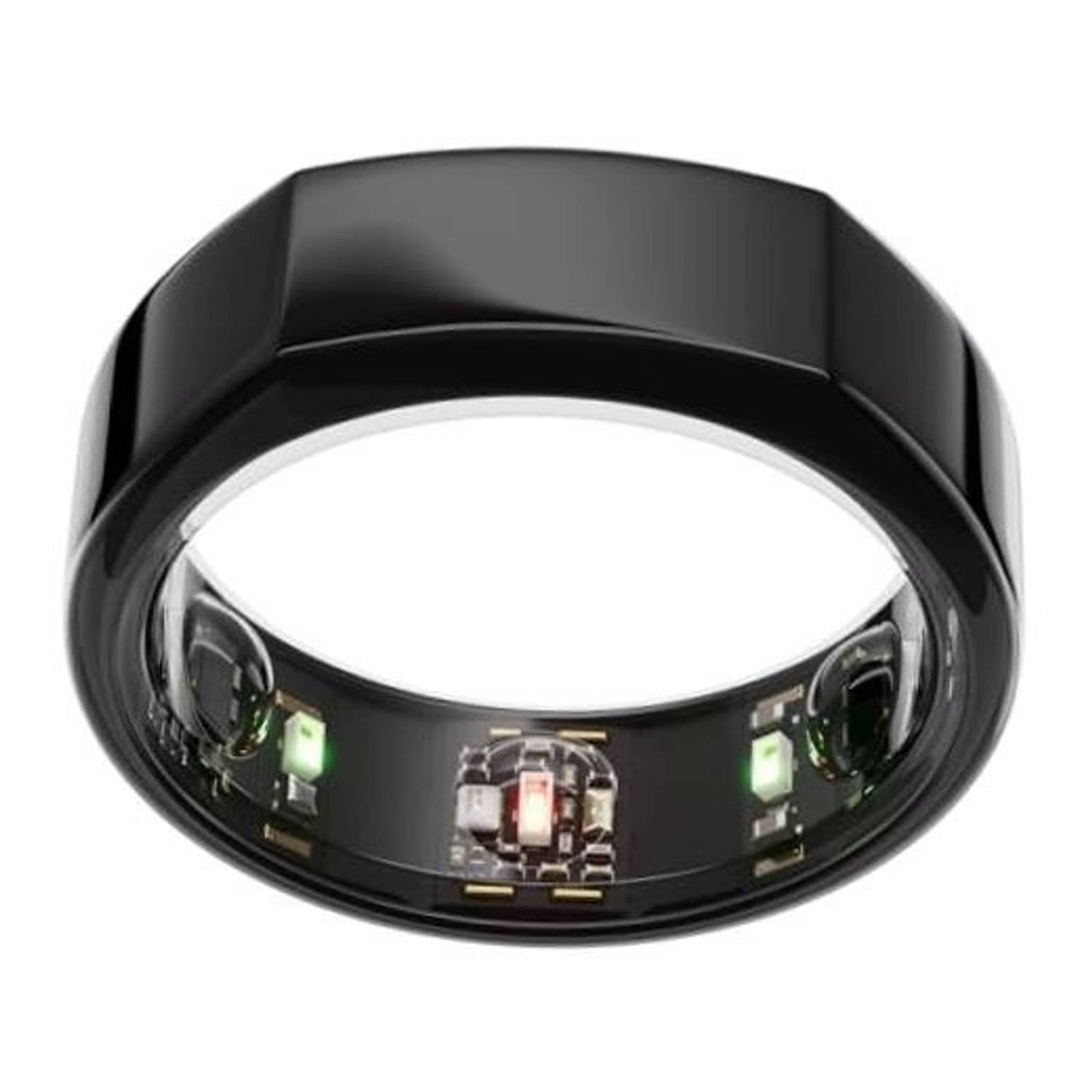 Oura black smart ring with glossy bezel and visible sensor module detail
